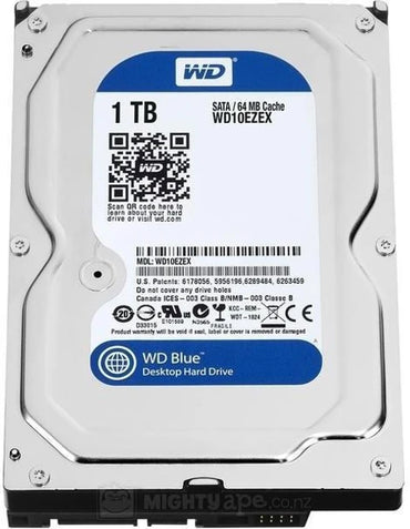 1TB WD Blue SATA desktop hard drive with 64MB cache, silver metal casing, and product label on top.