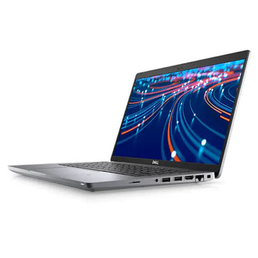 Silver Dell Latitude 5420 laptop angled open showing HD screen with dynamic light trail wallpaper and keyboard.