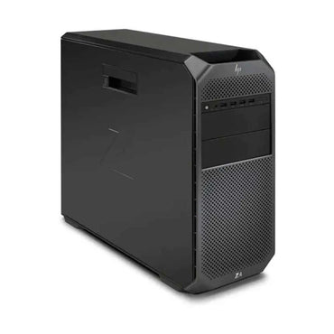 Black HP tower desktop with textured front panel and vented design, rectangular power button at top.