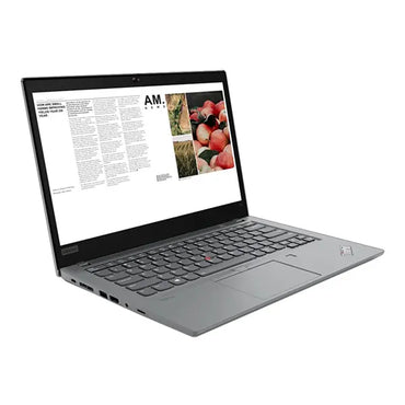 Lenovo ThinkPad T14 Gen 2 laptop with black keyboard and open HD display showing a news article and fruit image.