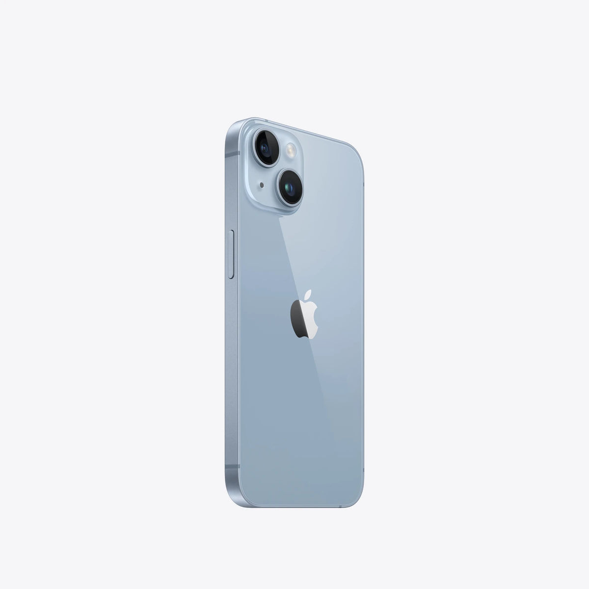 Blue Apple iPhone 14 with dual rear cameras and silver Apple logo on glossy back.