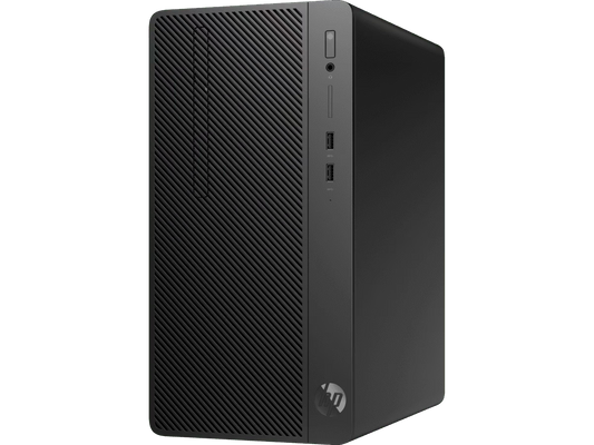 HP 280 G4 Micro Tower desktop with textured front panel, USB ports, headphone jack, and power button on the top right.
