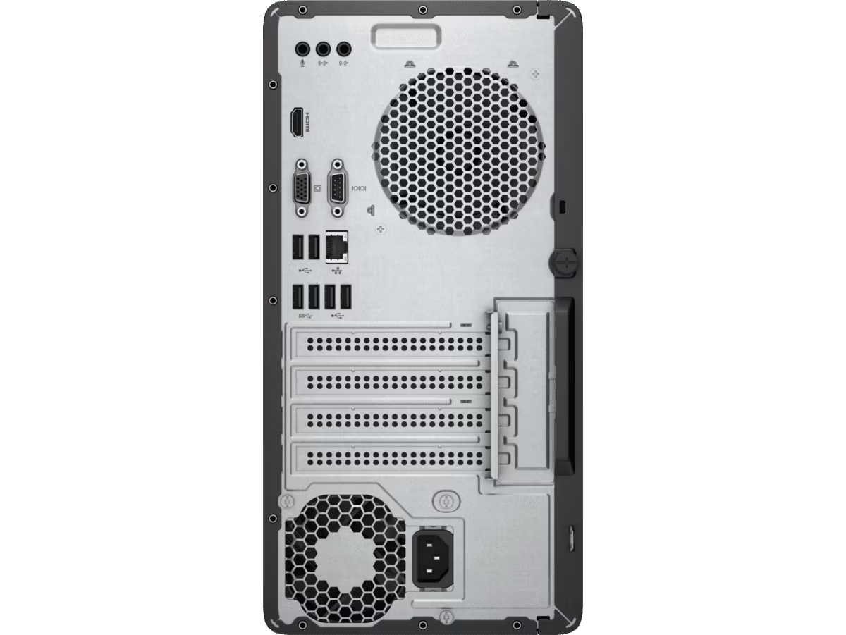 Back panel of HP 280 G4 Micro Tower Desktop showing multiple USB ports, Ethernet port, audio jacks, ventilation grills, and.