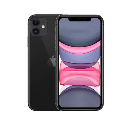 Black Apple iPhone 11 with dual rear cameras and a full-screen display showing abstract pink and gray wallpaper.