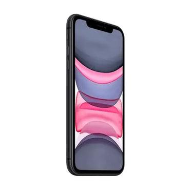 Black Apple iPhone 11 with edge-to-edge screen and dual rear cameras visible from angled front view.