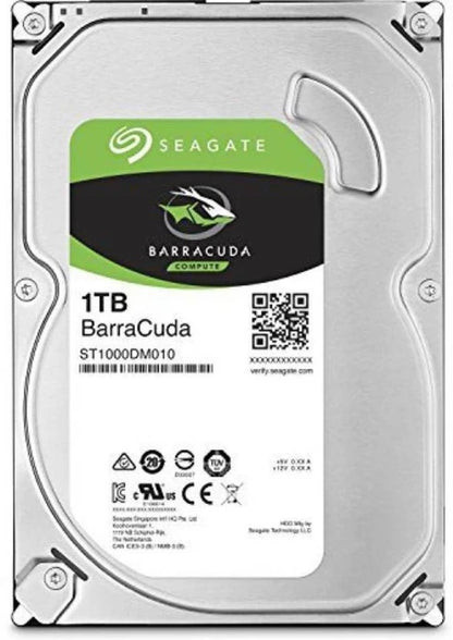 Seagate 1TB BarraCuda desktop hard drive with silver casing and green label.