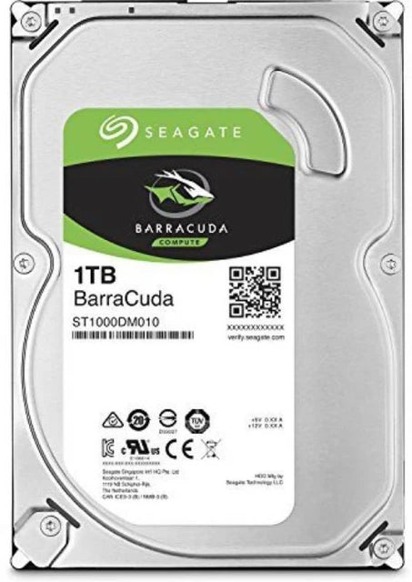 Seagate 1TB BarraCuda desktop hard drive with silver casing and green label.