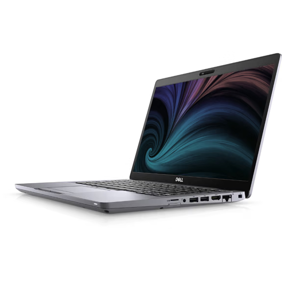 Dell Latitude 5410 laptop with 14-inch FHD display, open at an angle, showing keyboard and ports on silver chassis.