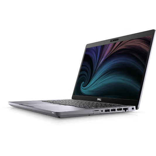 Dell Latitude 5410 laptop with 14-inch FHD display, open at an angle, showing keyboard and ports on silver chassis.