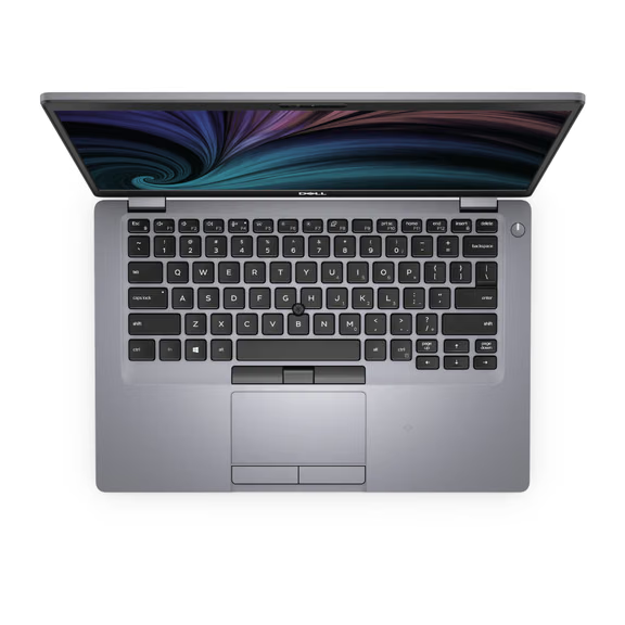 Dell Latitude 5410 laptop with silver chassis, black keyboard, and 14-inch FHD display showing colorful swirl wallpaper.