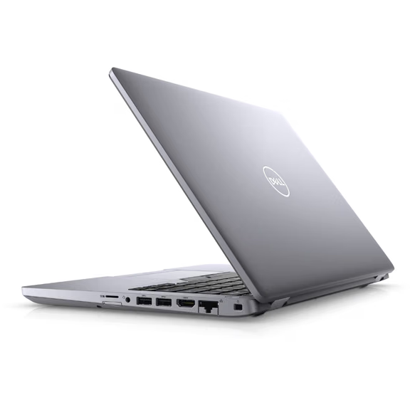 Silver Dell Latitude 5410 laptop partially open showing keyboard and multiple ports on left side.