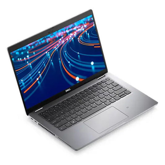 Silver Dell Latitude 5420 laptop with black keyboard and vibrant graphic on HD display.