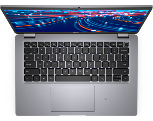 Silver Dell Latitude 5420 laptop with black keyboard and HD display showing abstract blue and red light streaks.