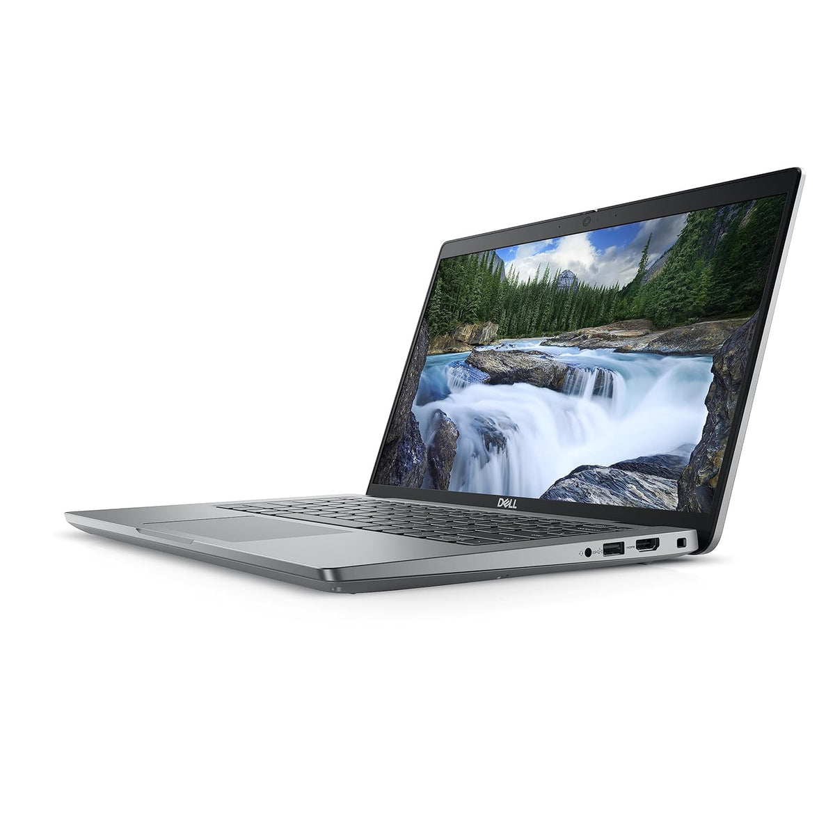 Dell Latitude E5440 laptop in silver with 14-inch HD display showing waterfall scenery, angled view with keyboard and ports.