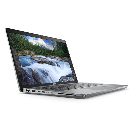 Silver Dell Latitude E5440 laptop with 14-inch screen showing river and forest wallpaper, thin design with visible USB and.