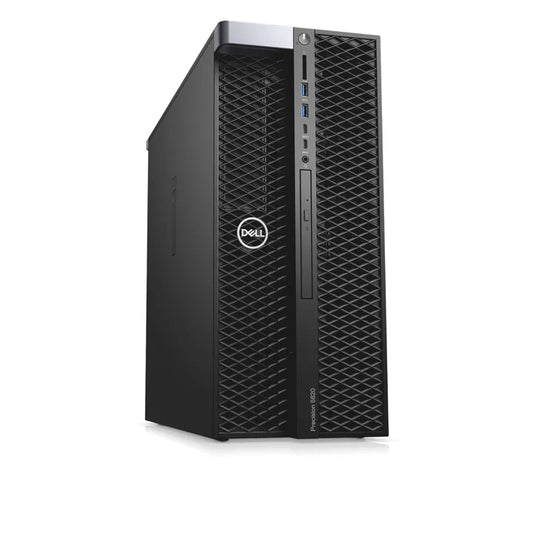 Black Dell Precision 5820 desktop tower with textured front panel and vertical optical drive slot.