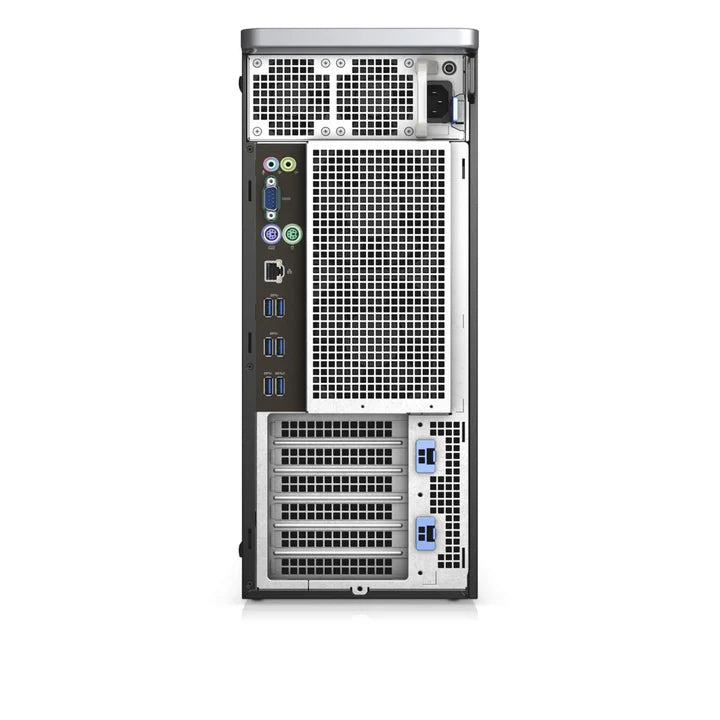 Silver and black Dell Precision 5820 desktop rear panel with multiple USB, audio, Ethernet, and display ports.