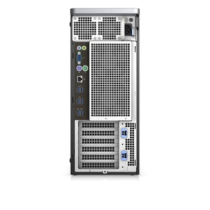 Silver and black Dell Precision 5820 desktop rear panel with multiple USB, audio, Ethernet, and display ports.
