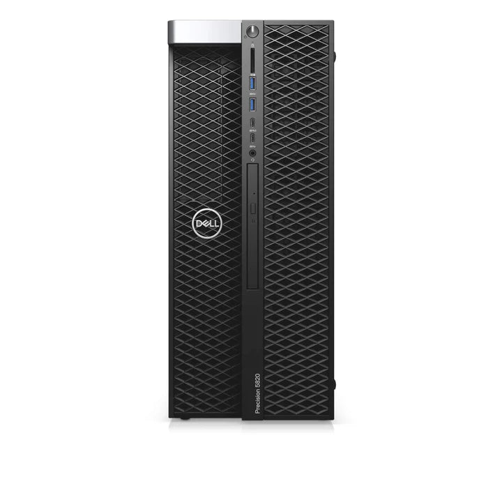 Black Dell Precision 5820 tower desktop with textured front panel and blue USB ports.