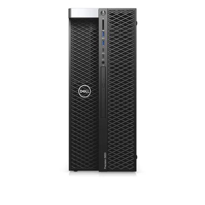 Black Dell Precision 5820 tower desktop with textured front panel and blue USB ports.