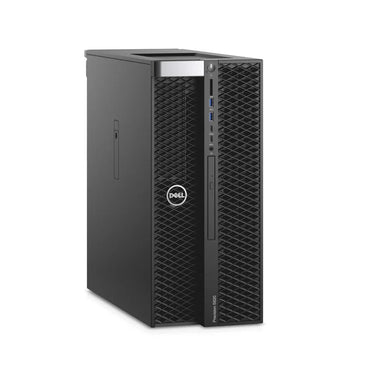 Black Dell Precision 5820 tower workstation with textured front panel and vertical USB ports.