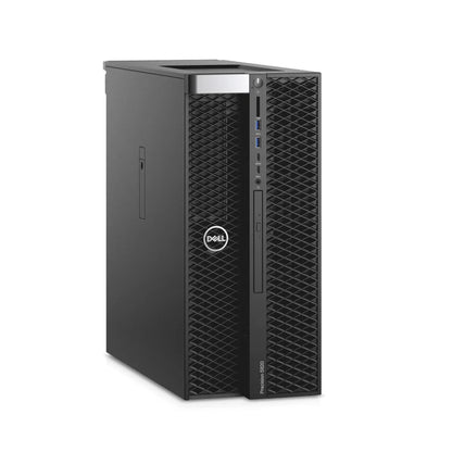 Black Dell Precision 5820 tower workstation with textured front panel and vertical USB ports.