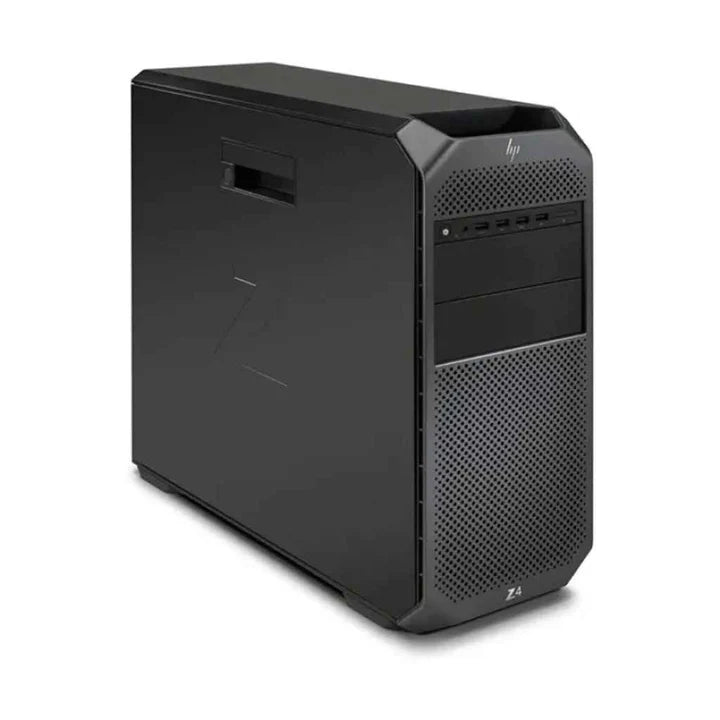 Black HP tower desktop with textured front panel and vented design, rectangular power button at top.