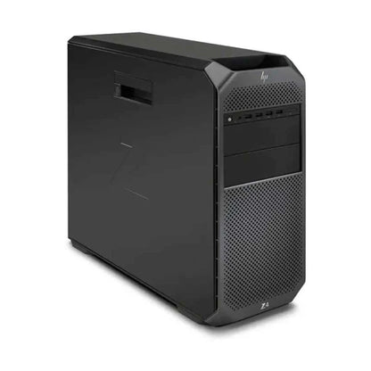 Black HP tower desktop with textured front panel and vented design, rectangular power button at top.