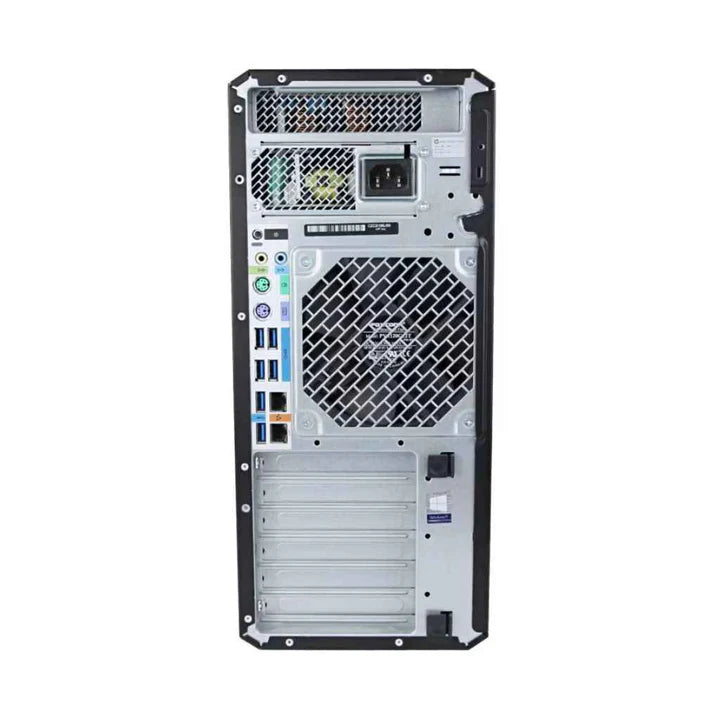 Black HP Z2Z4 tower desktop rear view showing multiple USB ports, Ethernet port, audio jacks, cooling fan, and expansion.