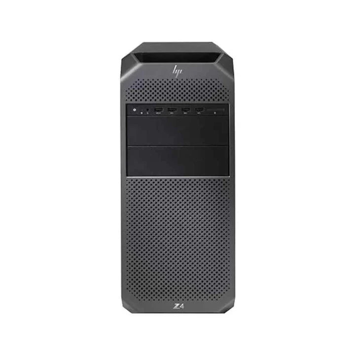 Black HP Z2Z4 tower desktop with perforated metal front panel and USB ports on top section.