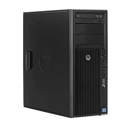 Black HP z420 tower desktop with front ventilation grill, optical drive, and logo badge.