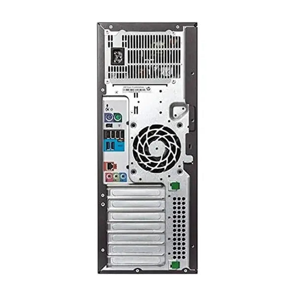 HP z420 workstation rear view showing multiple I/O ports, power supply, and cooling fan in black and silver chassis.
