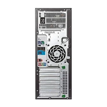 HP z420 workstation rear view showing multiple I/O ports, power supply, and cooling fan in black and silver chassis.