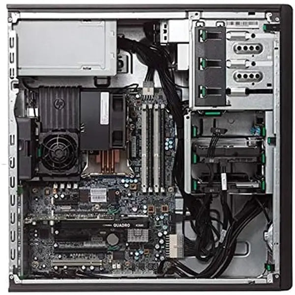 Open HP z Series z420 MT desktop showing Intel Xeon CPU with cooling fan, Nvidia Quadro K2000 GPU, and installed RAM modules.