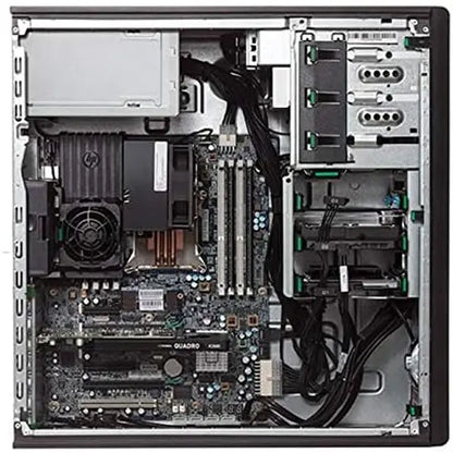 Open HP z Series z420 MT desktop showing Intel Xeon CPU with cooling fan, Nvidia Quadro K2000 GPU, and installed RAM modules.