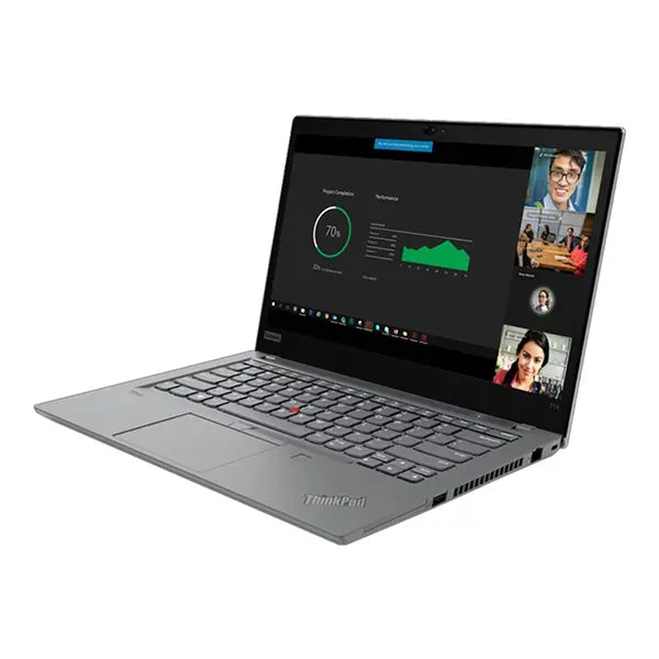 Lenovo ThinkPad T14 Gen 2 laptop open with HD display showing video call and performance chart, dark gray chassis.