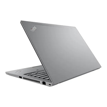 Sleek silver Lenovo ThinkPad T14 Gen 2 laptop partially open with visible keyboard and ventilation ports.