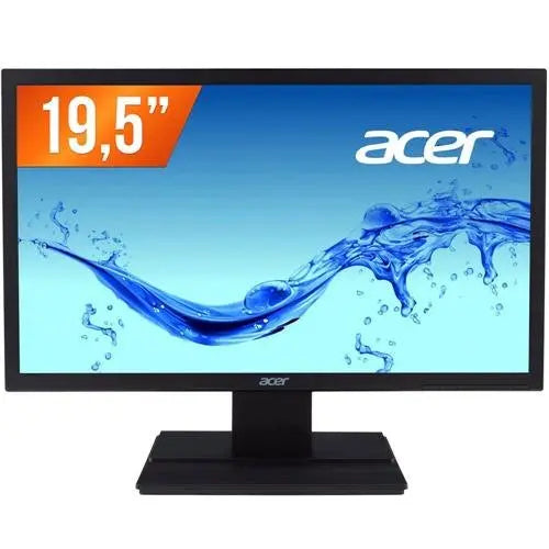 20" Acer black LED monitor with slim bezel and splash water graphic on screen.