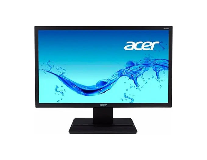 20" Acer black LED monitor with rectangular screen and sturdy base displaying water splash wallpaper.