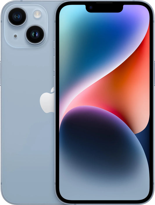 Blue Apple iPhone 14 with 128GB storage, showing front screen and dual rear cameras.