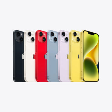 Six Apple iPhone 14 smartphones in black, white, red, purple, yellow, and front-facing yellow display versions.