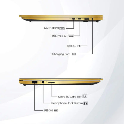 Slim yellow laptop side view showing Micro HDMI, USB Type C, USB 3.0, charging port, Micro SD slot, and headphone jack ports.