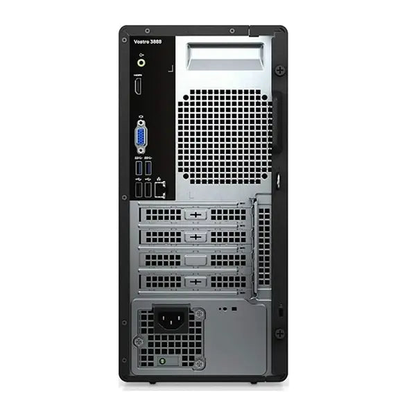 Dell Vostro 3888 black tower desktop rear view with multiple USB, audio, and video ports and ventilation grill.