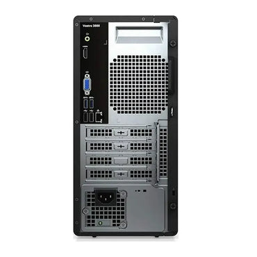 Dell Vostro 3888 black tower desktop rear view with multiple USB, audio, and video ports and ventilation grill.