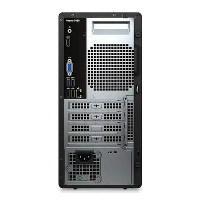 Dell Vostro 3888 black tower desktop rear view with multiple USB, audio, and video ports and ventilation grill.