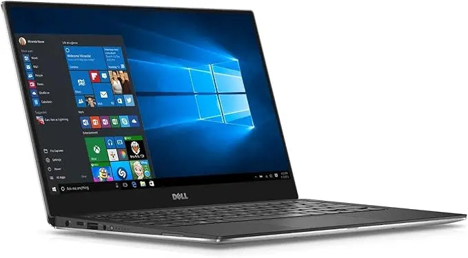 Dell XPS 13 9350 touchscreen laptop with thin bezels, black keyboard, and Windows 10 display.