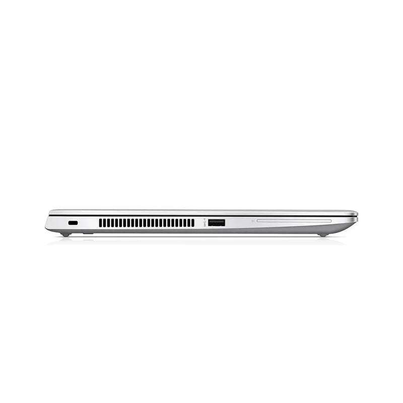 Silver slim HP EliteBook 745 G6 laptop side view with vent and USB port.