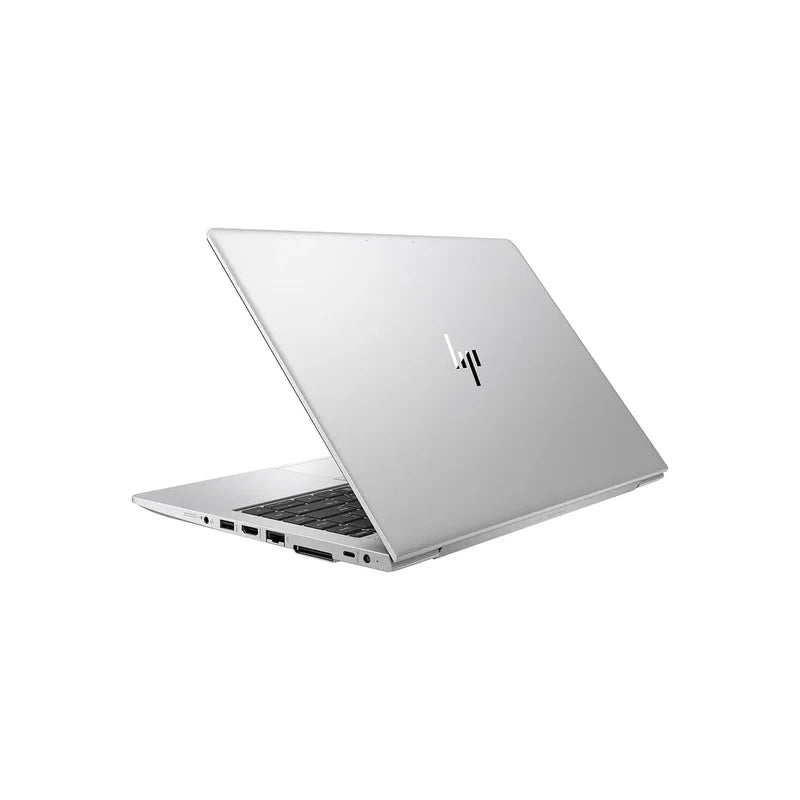 Silver HP EliteBook 14-inch laptop partially open, showing slim design and HP logo on lid.