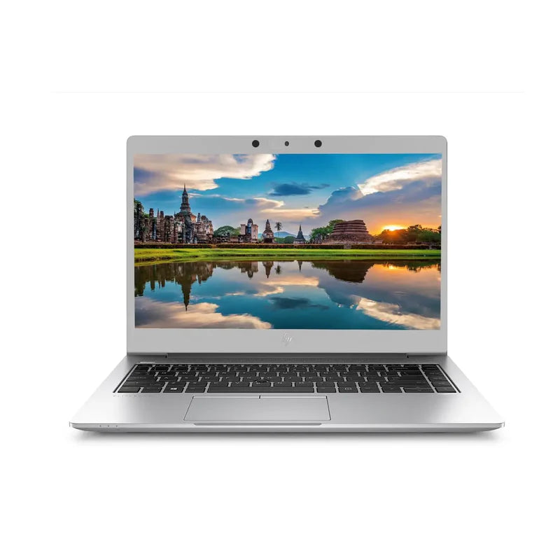 Silver HP EliteBook 745 G6 laptop with 14-inch display showing a cityscape at sunset.