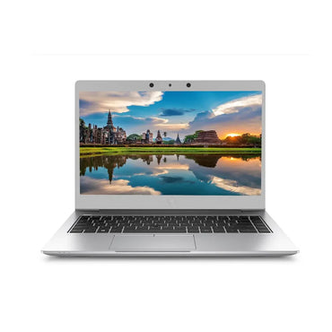 Silver HP EliteBook 745 G6 laptop with 14-inch display showing a cityscape at sunset.